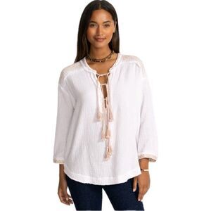 John Was Women's White Cotton Gauze Boho Top With Tassels Size Small